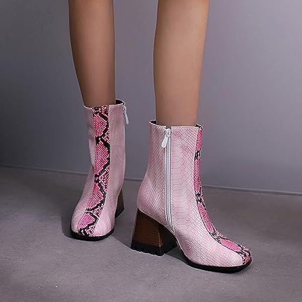 BOTCAM Enkellaarzen voor dames, lage hak, halfhoge laarzen, kleuren, patchwork, schoenen met ritssluiting aan de zijkant, dikke zool, antislip, waterdicht, elegante westernlaarzen